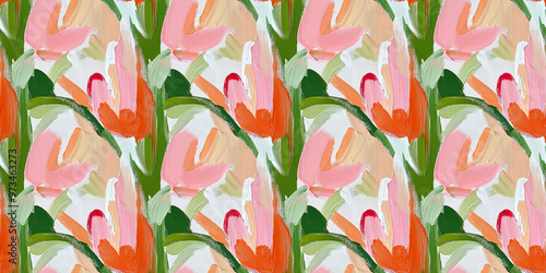 a close-up of an abstract painting with bold brushstrokes depicting tulips in various shades of pink, orange, and green on a white background
