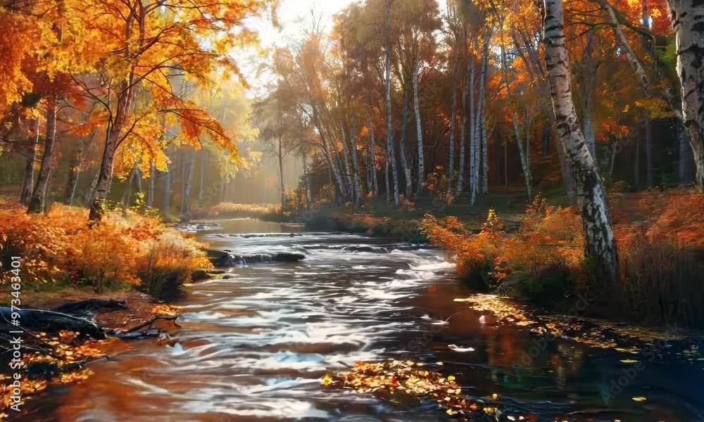 River running through a vibrant autumn forest, Video River running through a vibrant autumn forest, Video