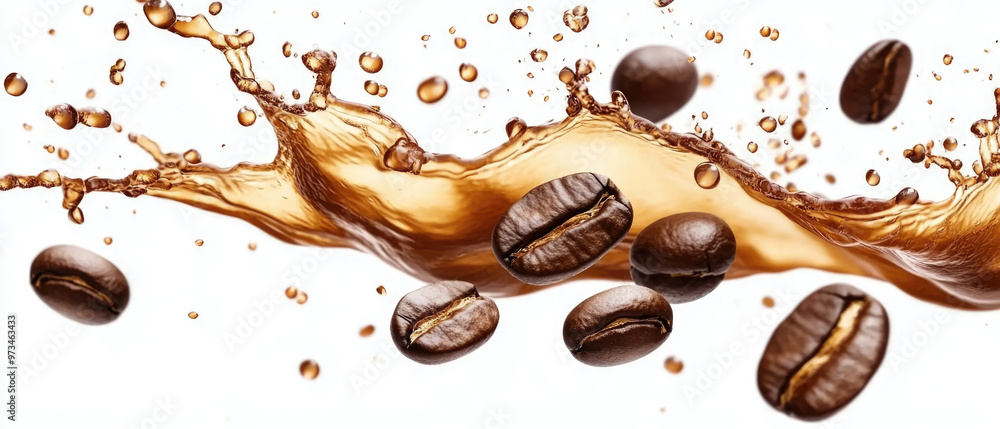 Obraz premium A splash of coffee with coffee beans floating in the air. Concept of energy and excitement, as if the coffee is being poured into a cup and the beans are dancing in the air