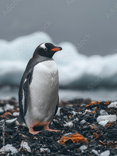 A lone gentoo penguin standing on a rocky shore, a white patch of snow in the background photo