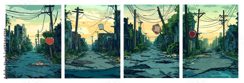 Ruined streets. Post apocalyptic posters, broken urban landscape destroyed houses roads poles with sagging wires road signs set background vector illustration