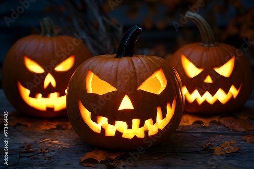 Three carved pumpkins glow eerily in dark Halloween night scene photo