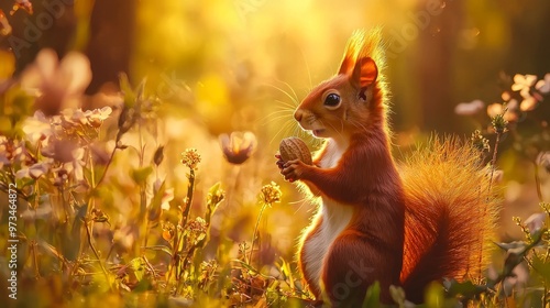 In the garden, there are beautiful flowers and a cute squirrel. Stock image photo