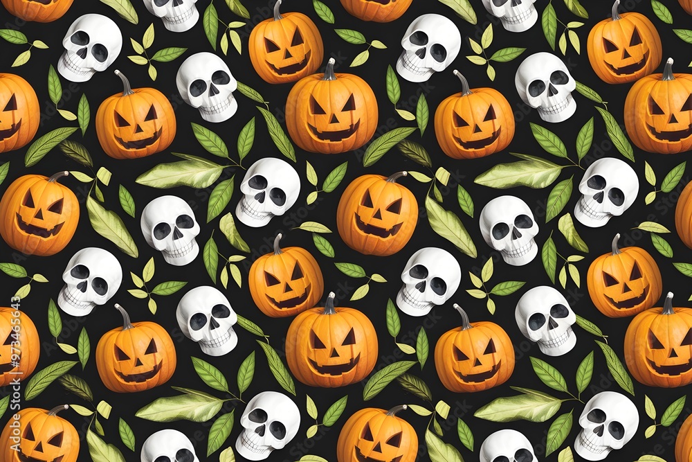 Repetitive pattern of pumpkins, skulls, and leaves creates festive Halloween vibe Repetitive pattern of pumpkins, skulls, and leaves creates festive Halloween vibe