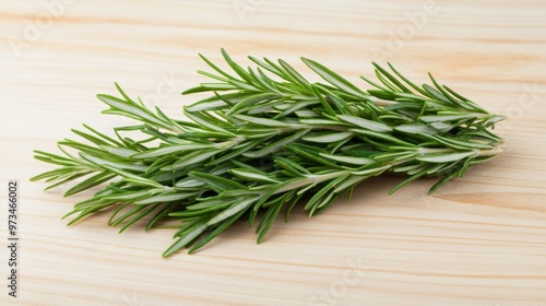 a bunch of fresh rosemary leaves herb on a wooden surface