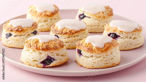 Blueberry scones topped with icing arranged on a pink plate. Studio food photography. Design for bakery, dessert menu, or brunch poster.