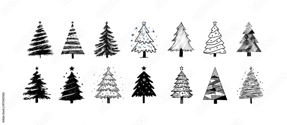 Obraz premium Christmas tree doodles - Collection of hand-drawn pine tree