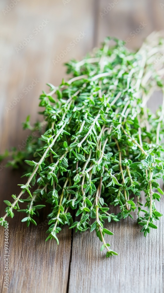 a bunch of fresh thyme leaves herb on a wooden surface a bunch of fresh thyme leaves herb on a wooden surface