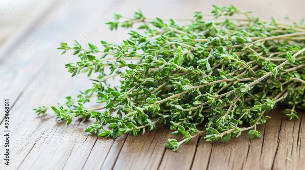a bunch of fresh thyme leaves herb on a wooden surface a bunch of fresh thyme leaves herb on a wooden surface