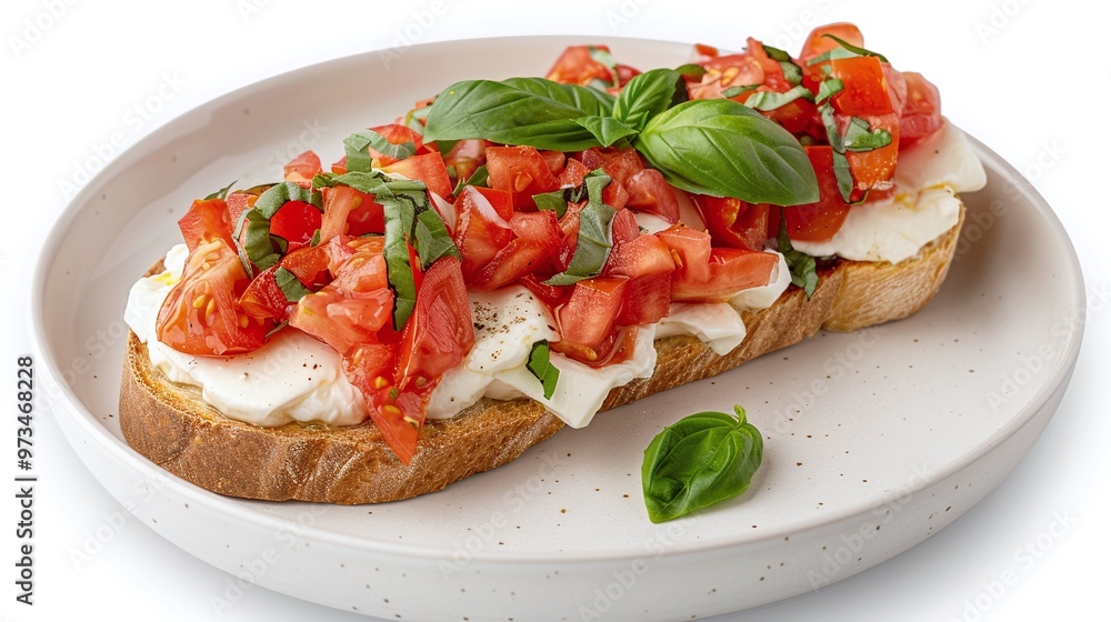 Bruschetta topped with fresh tomatoes, basil, and mozzarella cheese on a slice of toasted bread. Studio food photography. Design for appetizer menu, Italian cuisine, or restaurant poster.
Bruschetta topped with fresh tomatoes, basil, and mozzarella cheese on a slice of toasted bread. Studio food photography. Design for appetizer menu, Italian cuisine, or restaurant poster.