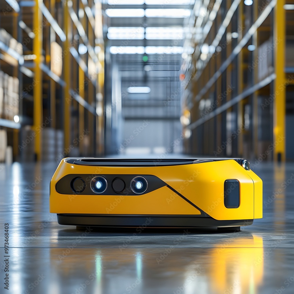 Obraz premium AGV Robot Works Seamlessly in a White Stock Logistics Warehouse