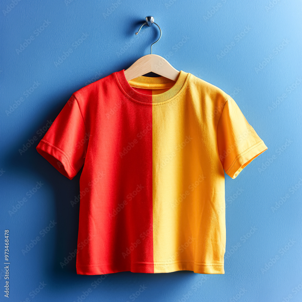 A child's red and yellow shirt hangs on a hanger A child's red and yellow shirt hangs on a hanger