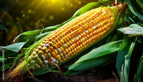 Close-up shot of a ripe corn cob with green husks, illuminated by sunlight. The image highlights the freshness and vibrant colors of the corn, perfect for themes related to agriculture, harvest, and photo