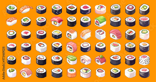 Sushi cartoon icons. Japan seafood meal, asian eatery menu sashimi and rolls made from fish rice nori caviar, set vector illustration
