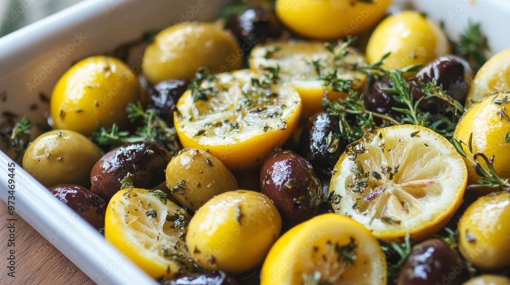 roasted lemons and olives flavored with herbs.
roasted lemons and olives flavored with herbs.
