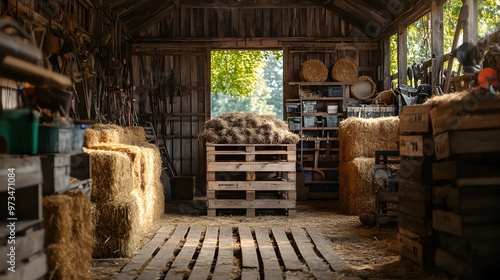 Wallpaper Mural Rustic pallet loaded with harvested crops in a countryside barn, surrounded by hay bales and old farm tools, emphasizing rural supply chains Torontodigital.ca