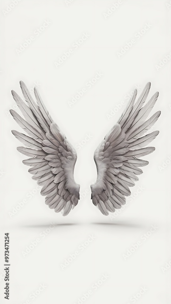Obraz premium Pair of isolated angel wings with 3D feathers on white background, 3D Illustration, 3D Rendering