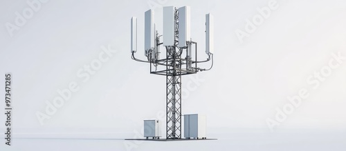 Telecommunication tower featuring 4G and 5G cellular technology Wireless communication antenna transmitter on a white background showcasing base station components