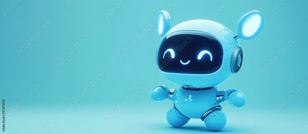 Adorable blue robot featuring ears and a glowing smiling screen Charming kawaii bot as a playful personal assistant 3D design set against a blue backdrop Adorable blue robot featuring ears and a glowing smiling screen Charming kawaii bot as a playful personal assistant 3D design set against a blue backdrop