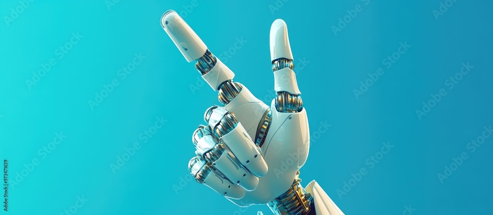 Robot hand displaying a middle finger gesture against a blue backdrop Robot hand displaying a middle finger gesture against a blue backdrop