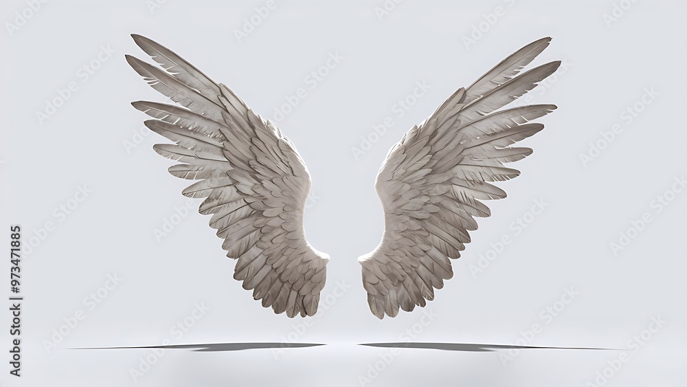 Naklejka premium Pair of isolated angel wings with 3D feathers on white background, 3D Illustration, 3D Rendering