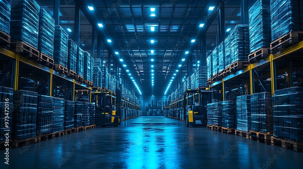 Stacked pallets against a high-tech warehouse, augmented reality crates and robotic forklifts, sci-fi industrial theme, deep blue lighting, photo-realistic render Stacked pallets against a high-tech warehouse, augmented reality crates and robotic forklifts, sci-fi industrial theme, deep blue lighting, photo-realistic render