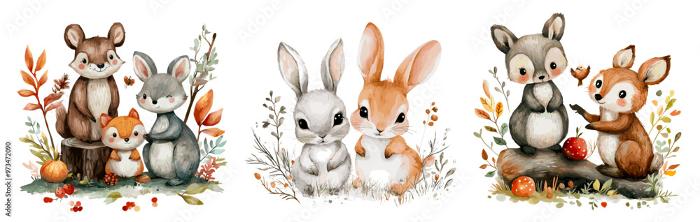 Obraz premium Watercolor forest animals scene. Cute animal wildlife hand drawn paint art, bunny chipmunk fox at autumn or summer timberland wild berries foliage grass leaves vector illustration