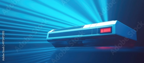 Vintage retro video game console design for enthusiasts from the 70s 80s and 90s set against a blue rays backdrop