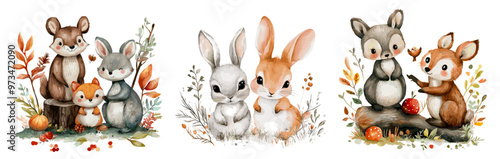 Watercolor forest animals scene. Cute animal wildlife hand drawn paint art, bunny chipmunk fox at autumn or summer timberland wild berries foliage grass leaves vector illustration