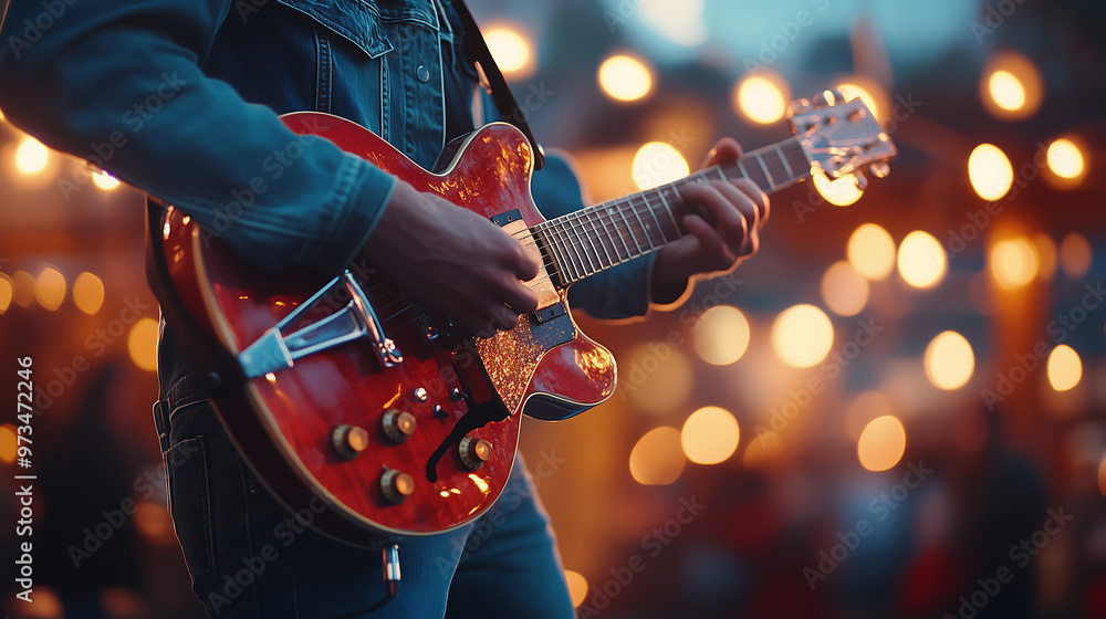 Obraz premium Musician playing electric guitar on stage during outdoor evening concert with glowing bokeh lights in background vibrant and lively 