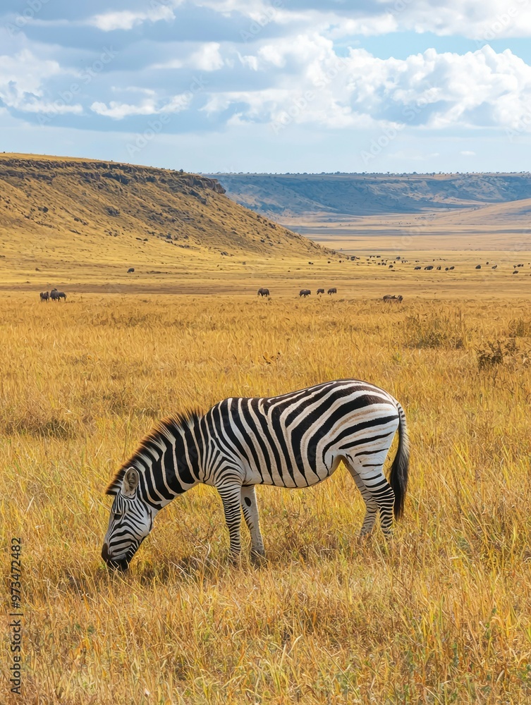 Naklejka premium Zebra Grazing in a Savanna Landscape with Distant Herd