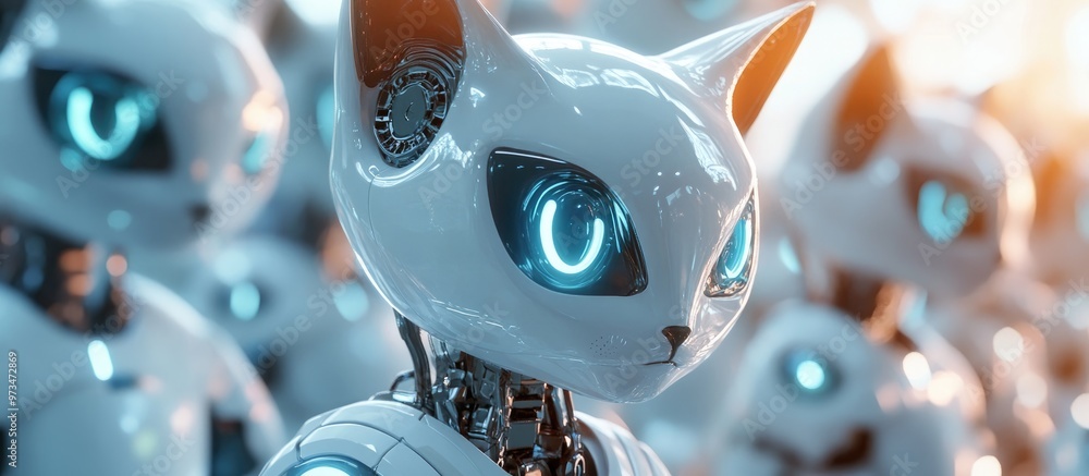 Futuristic cat robots designed as cybernetic nano assistants celebrating love and technology with a modern twist An illustration showcasing innovations in artificial intelligence Futuristic cat robots designed as cybernetic nano assistants celebrating love and technology with a modern twist An illustration showcasing innovations in artificial intelligence