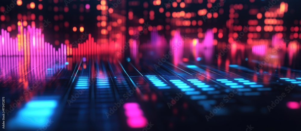Abstract music volume equalizer representing infinite possibilities in computer technology for a modern business backdrop Abstract music volume equalizer representing infinite possibilities in computer technology for a modern business backdrop
