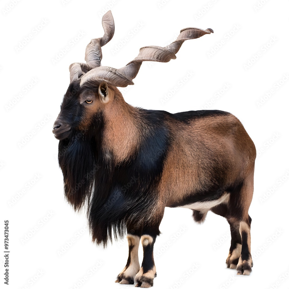 Markhor (Capra falconeri) mountain male goat full strong body golden brown and black colour side view realistic Markhoor HD image. asian, Pakistan, isolated on a white background. Markhor (Capra falconeri) mountain male goat full strong body golden brown and black colour side view realistic Markhoor HD image. asian, Pakistan, isolated on a white background.