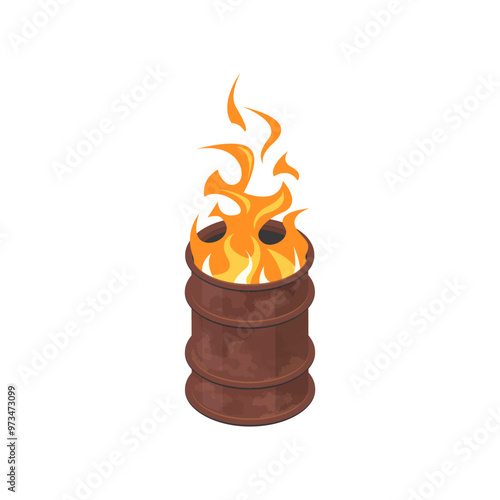 Fire in a barrel in isometric view, vector