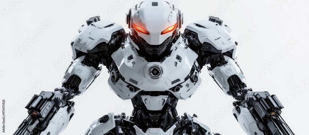 Futuristic armored robot police mech with weaponry on a white background featuring a clipping path Futuristic armored robot police mech with weaponry on a white background featuring a clipping path
