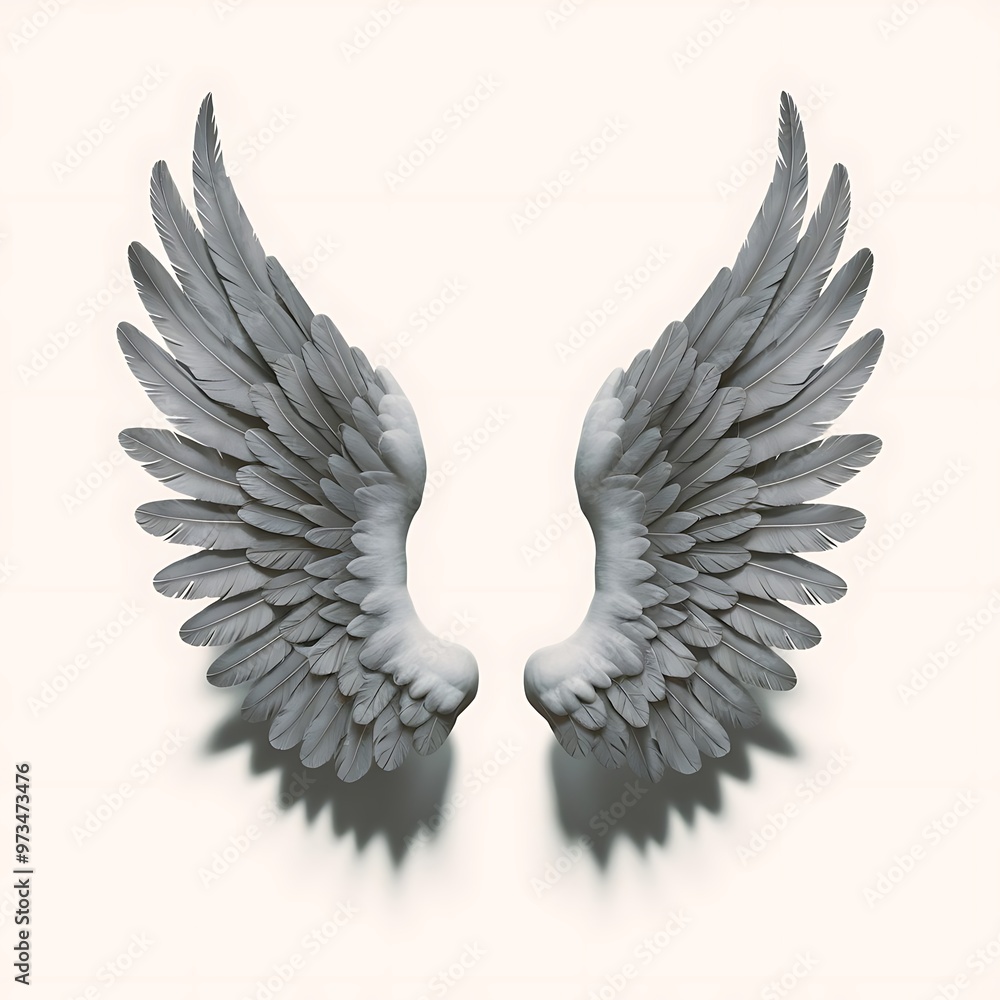 Obraz premium Pair of isolated angel wings with 3D feathers on white background, 3D Illustration, 3D Rendering