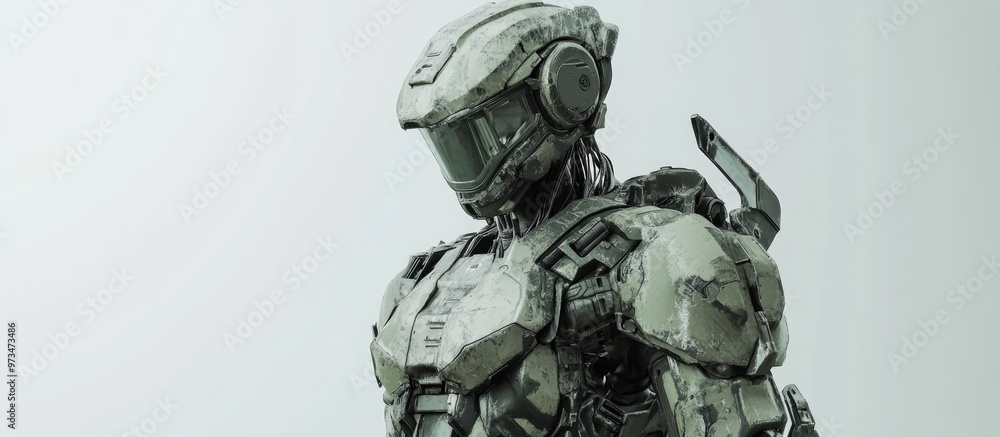 Futuristic mech soldier on a white backdrop Military robot featuring green and gray metal piloted and with scratched armor 3D render of mech in battle
