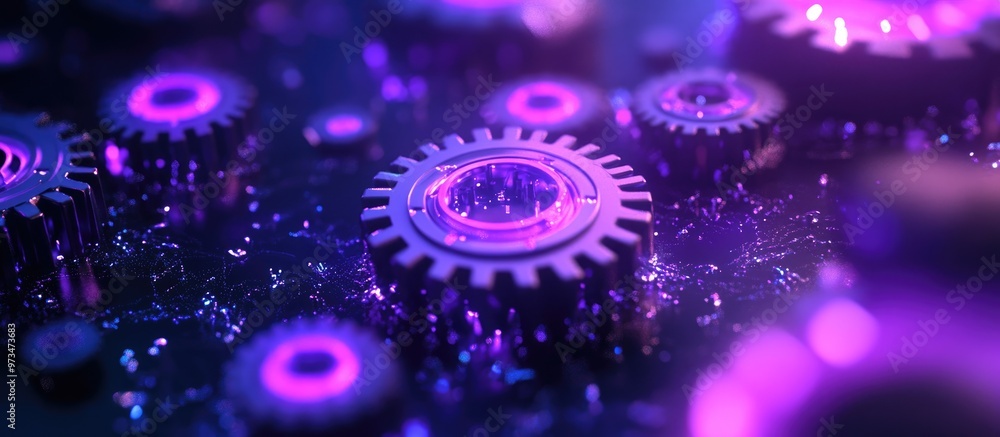 Light gear against a dark backdrop with purple illumination Light gear against a dark backdrop with purple illumination