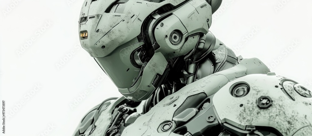 Futuristic mech soldier in green and gray armor against a white background A piloted military robot with scratched metal details ready for battle 3D rendering Futuristic mech soldier in green and gray armor against a white background A piloted military robot with scratched metal details ready for battle 3D rendering