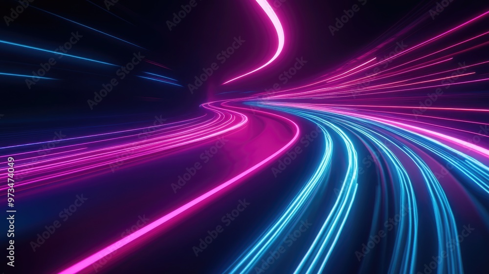 Dynamic motion on a neon lit road in darkness Swift movement along the path Vibrant light trails signify acceleration Abstract depiction with pink and blue streaks