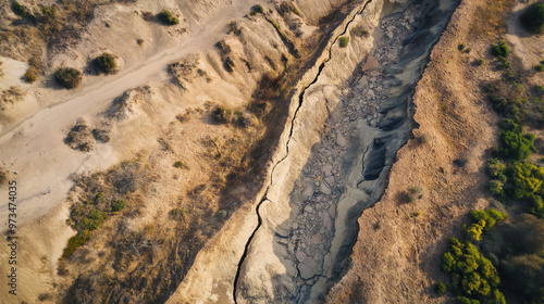 Deep eroded canyon dividing landscape in two parts from above