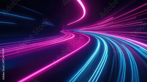 Dynamic motion on a neon lit road in darkness Swift movement along the path Vibrant light trails signify acceleration Abstract depiction with pink and blue streaks