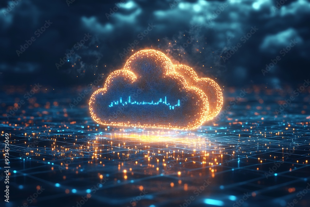 Abstract 3D rendering of glowing cloud computing symbol with data flowing beneath. Digital technology concept Abstract 3D rendering of glowing cloud computing symbol with data flowing beneath. Digital technology concept