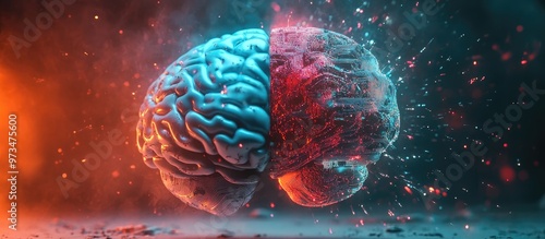 Conceptual image representing artificial intelligence and copyright featuring a split design of a human brain and an artificial brain