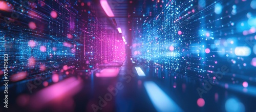Neon blue and pink background representing digital technology and the metaverse showcasing abstract connections in communication innovation and AI driven big data in a 3D illustration
