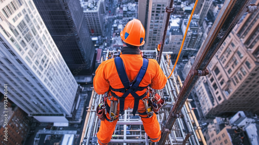 A man in an orange safety suit is suspended from a rope high above a city. He is wearing a hard hat and harness, and he is working on a construction site. Concept of danger and risk A man in an orange safety suit is suspended from a rope high above a city. He is wearing a hard hat and harness, and he is working on a construction site. Concept of danger and risk