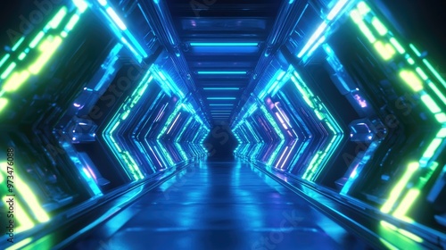 A hexagonal neon light tunnel radiates with bright blue and green illumination