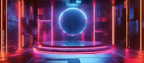 Abstract cyberpunk background featuring a virtual reality simulation scene on a pedestal stage rendered in 3D