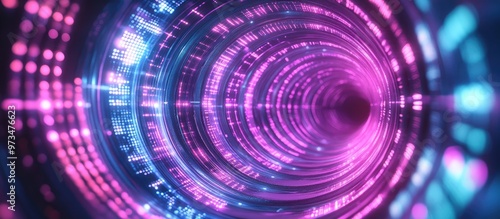 Neon circular background featuring a data tunnel illuminated by fluorescent ultraviolet lighting